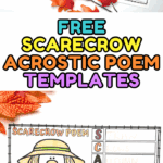 Free scarecrow acrostic poem templates for kids, including illustrated writing pages and a finished example using fall-themed words.