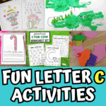 Fun letter C activities for preschoolers including cat, car, and caterpillar crafts using cut-and-paste and printable templates
