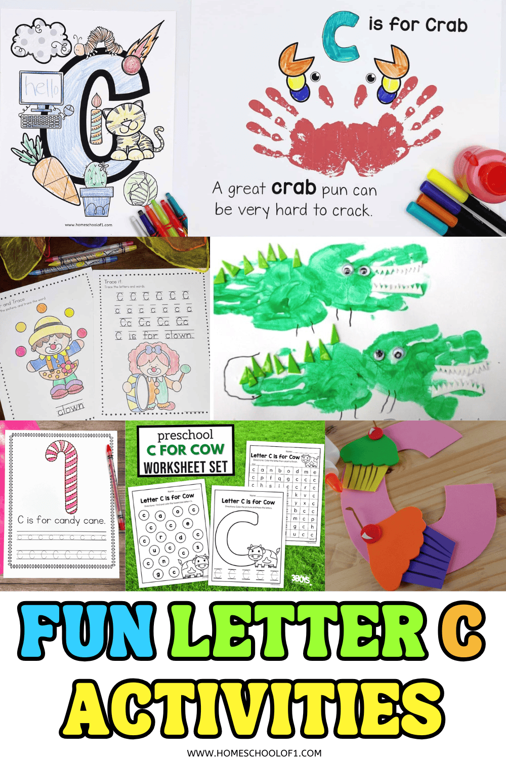 Letter C crafts and activities for preschool including crab, cow, candy cane, clown, crocodile, and coloring pages