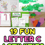 19 letter C activity ideas for preschoolers including crafts, worksheets, coloring pages, and alphabet learning fun