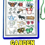 Printable garden scavenger hunt sheet on a blue clipboard featuring colorful illustrations of 12 garden items: butterfly, ladybug, bee, weeds, wheelbarrow, flower pot, watering can, ant, twig, seeds, rocks, pink flowers, garden tools, animal's home, and gardening gloves. Bright text at the bottom reads "Garden Scavenger Hunt Printable" in yellow, blue, pink, and green fonts.