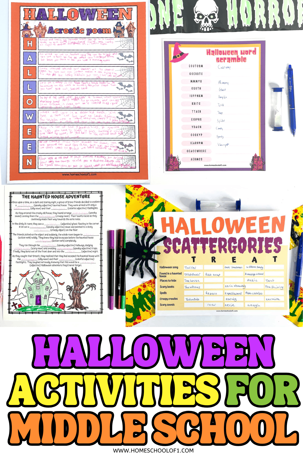 Free printable Halloween mad libs worksheet and creative writing activity for middle school students with colored pens.

