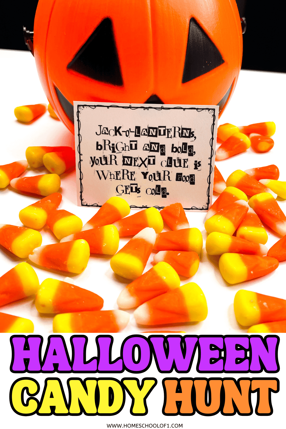Printable Halloween candy scavenger hunt clue next to pumpkin bucket and candy corn

