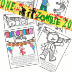 Free Halloween coloring pages with kids in costumes and spooky characters like skeletons, witches, and zombies.