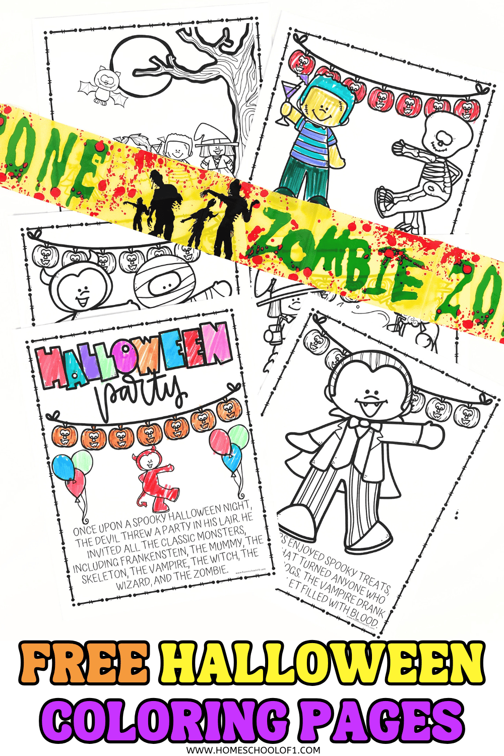Free Halloween coloring pages with kids in costumes and spooky characters like skeletons, witches, and zombies.

