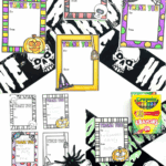 Printable Halloween thank you cards for kids to color, with crayons, skull decor, and spooky backgrounds