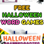 Halloween-themed word scramble and words within words worksheet displayed with timer and pens on white background.
