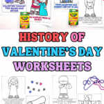 History of Valentineโs Day worksheets showing scenes of Valentine marrying couples, being jailed, and meeting the jailerโs daughter, with Crayola crayons and holiday-themed beads.
