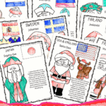 Free printable Santas Around the World coloring sheets featuring colored flags and Santa figures from countries like Spain, Finland, and the Netherlands.