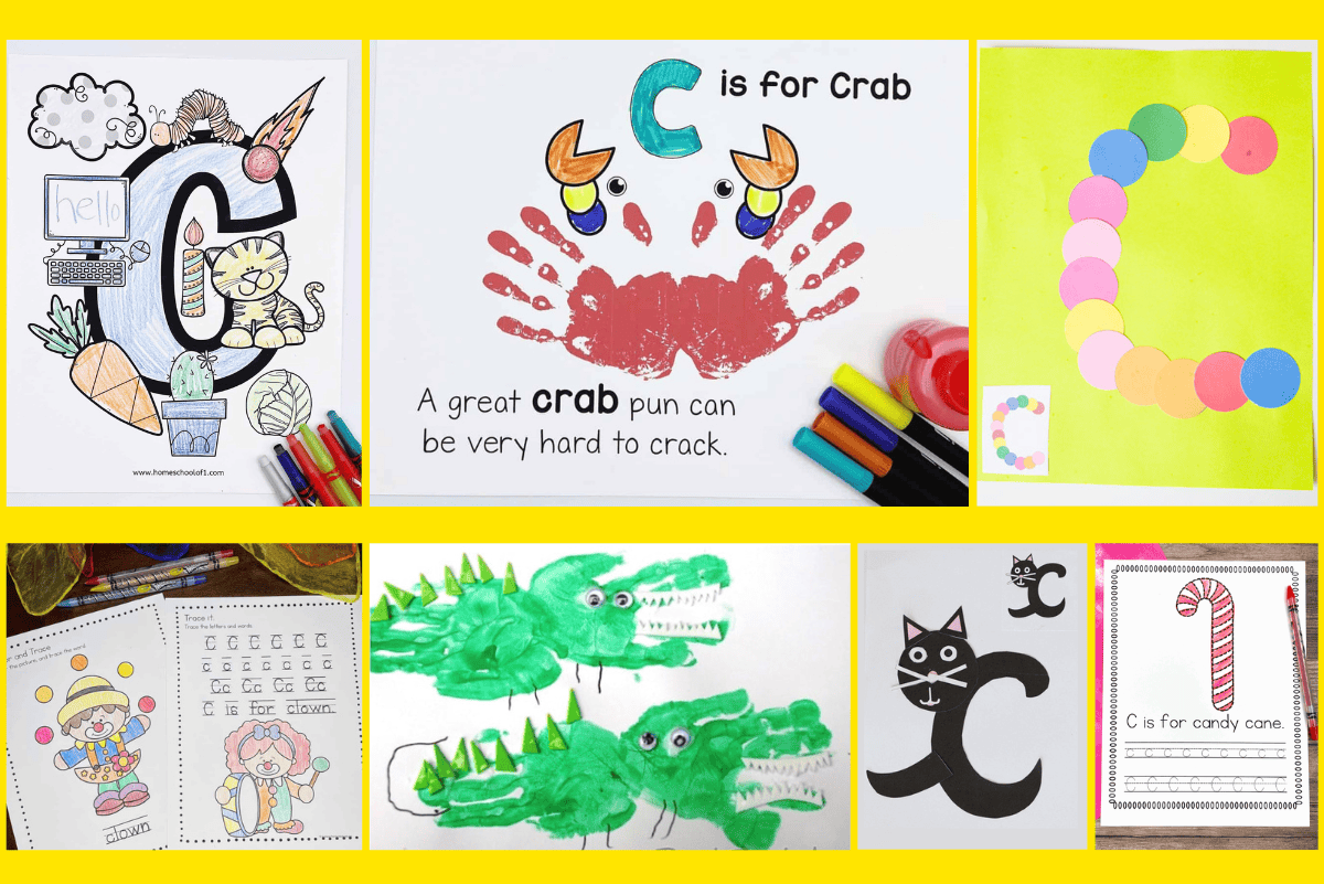 Letter C preschool activities including cat and crab crafts, clown worksheets, candy cane tracing, and crocodile handprint art