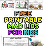 Colorful printable Mad Libs activity sheets for kids with seasonal stories including Halloween, Thanksgiving, Christmas, and pirate themes. Each page includes blanks for nouns, verbs, and adjectives.
