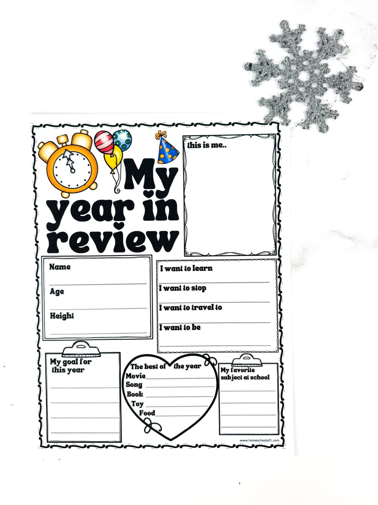 Colored version of "My Year in Review" worksheet for kids, featuring sections to draw a self-portrait and fill in name, age, height, goals, what they want to learn, stop doing, places to travel, what they want to be, favorite subject, and highlights of the year including favorite movie, song, book, toy, and food.