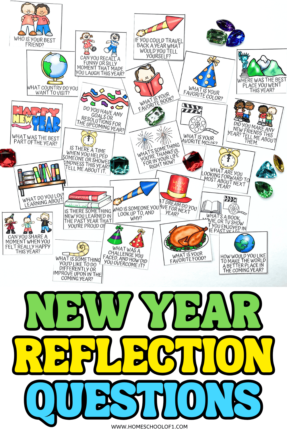 New Year reflection questions printable cards scattered with colorful clipart, gems, and bold green and yellow text header.