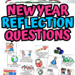 New Year reflection questions printable sheets and cut-out cards with festive clipart, colorful beads, and bold text overlay.
