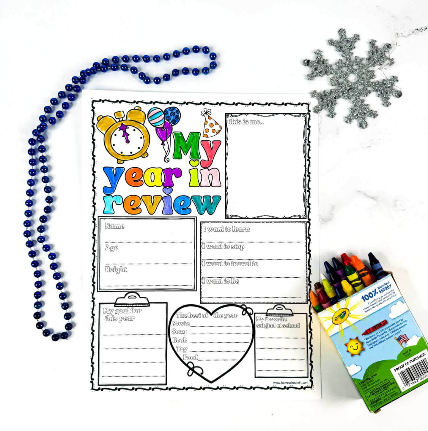 colored in "My Year in Review" worksheet with spaces to draw a self-portrait and fill in name, age, height, goals, favorite subject, and highlights of the year including favorite movie, song, book, toy, and food.

