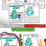 Printable Christmas in the Philippines worksheet pages featuring Filipino traditions, food, decorations, and a “Maligayang Pasko” coloring activity.