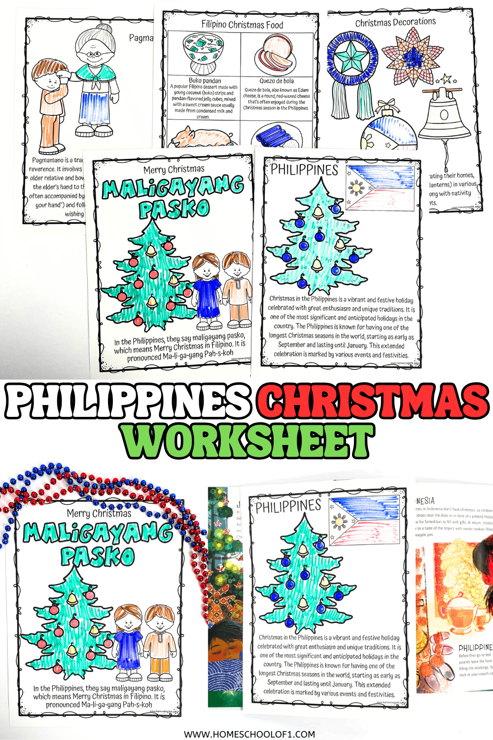 Printable Christmas in the Philippines worksheet pages featuring Filipino traditions, food, decorations, and a “Maligayang Pasko” coloring activity.


