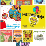 Collage of colorful book covers featuring fifteen of the best philosophy books for kids, including titles like Big Thinkers and Big Ideas, The Big Orange Splot, Children’s Book of Philosophy, Positive Ninja, and Frog and Toad: A Little Book of Big Thoughts.