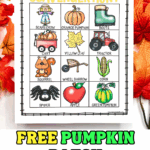 Colorful pumpkin patch scavenger hunt printable with fall icons like scarecrow, tractor, and pumpkins.