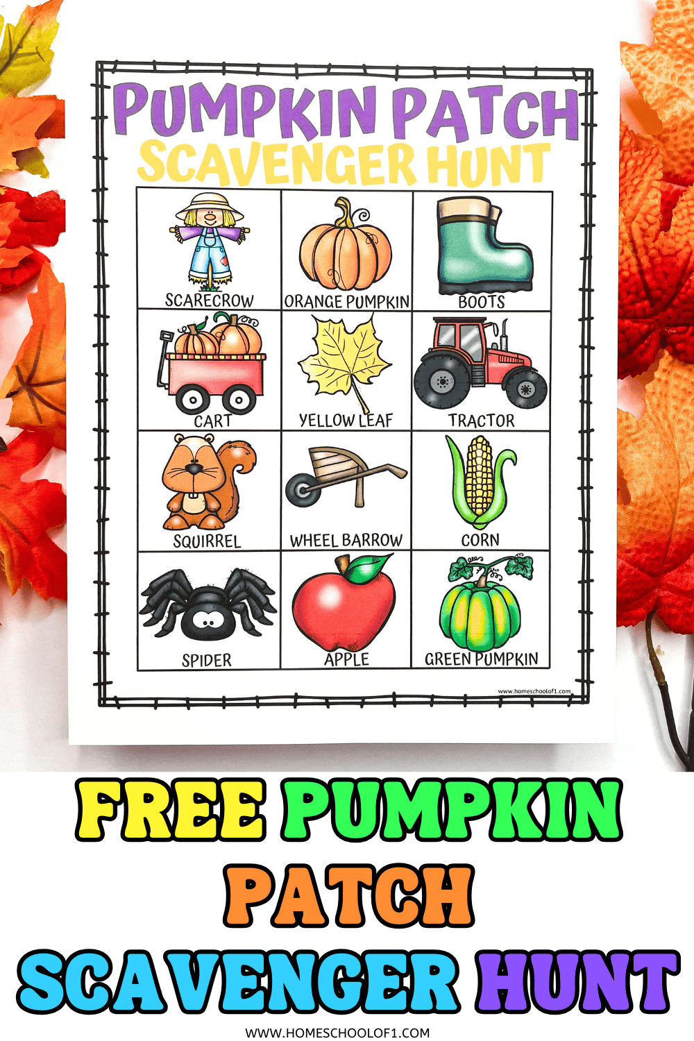 Colorful pumpkin patch scavenger hunt printable with fall icons like scarecrow, tractor, and pumpkins.