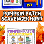 Printable pumpkin scavenger hunt shown in a fall setup with leaves, crayons, book, and pumpkin-themed icons.