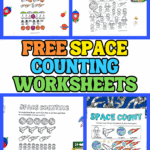 Printable space counting worksheets for preschoolers with astronauts, rockets, planets, and patterns to color and count.