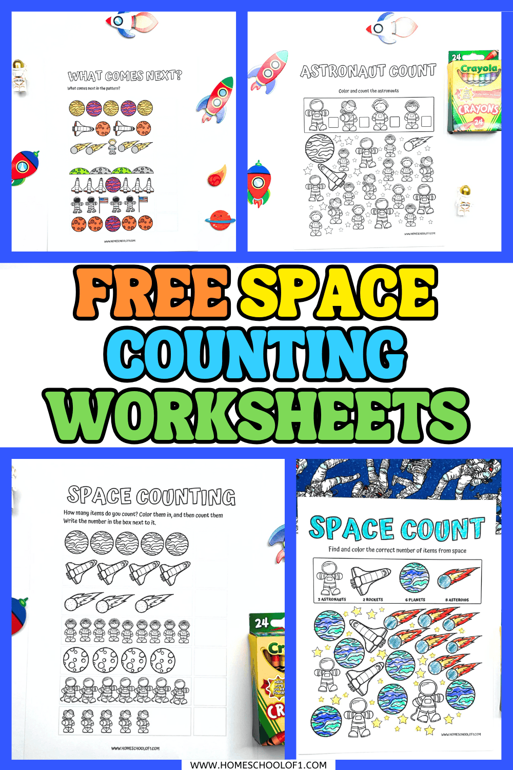 Printable space counting worksheets for preschoolers with astronauts, rockets, planets, and patterns to color and count.