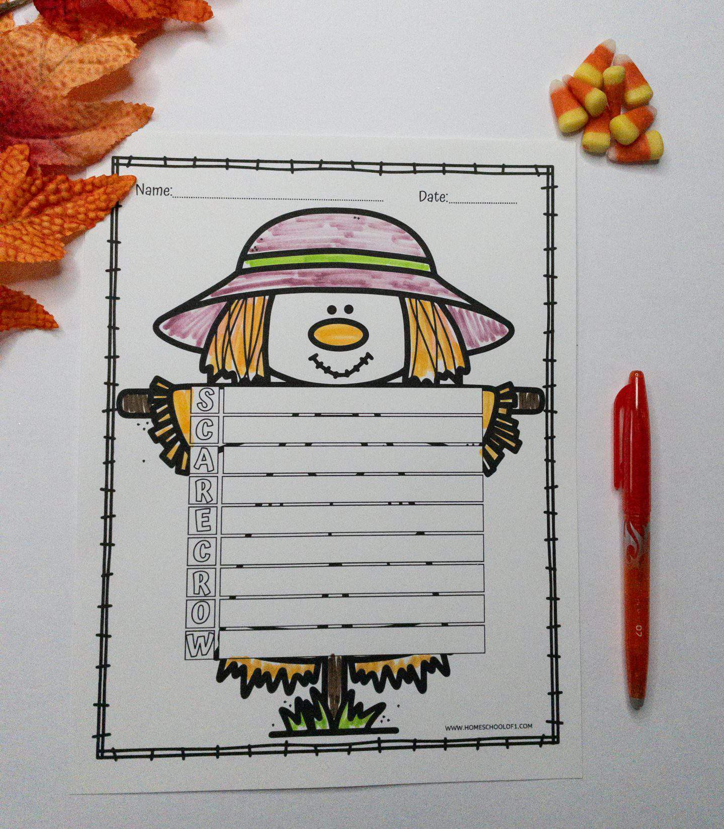 Blank scarecrow acrostic poem template for kids, featuring a smiling scarecrow in a pink hat holding a lined sign with the word “SCARECROW” written vertically. Surrounded by candy corn, fall leaves, and a red pen, this printable is perfect for seasonal poetry writing in the classroom or at home.

