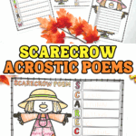 Three scarecrow acrostic poem worksheets for kids with colorful fall-themed designs, featuring the word 'SCARECROW' and creative writing spaces.