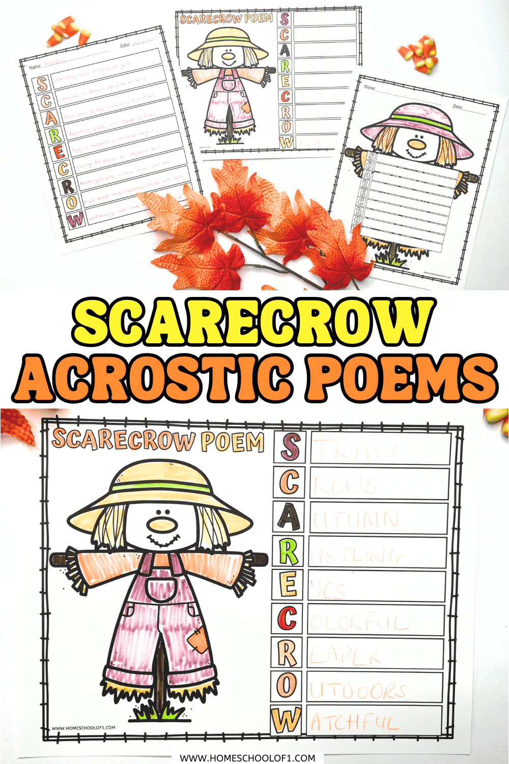 Three scarecrow acrostic poem worksheets for kids with colorful fall-themed designs, featuring the word 'SCARECROW' and creative writing spaces.