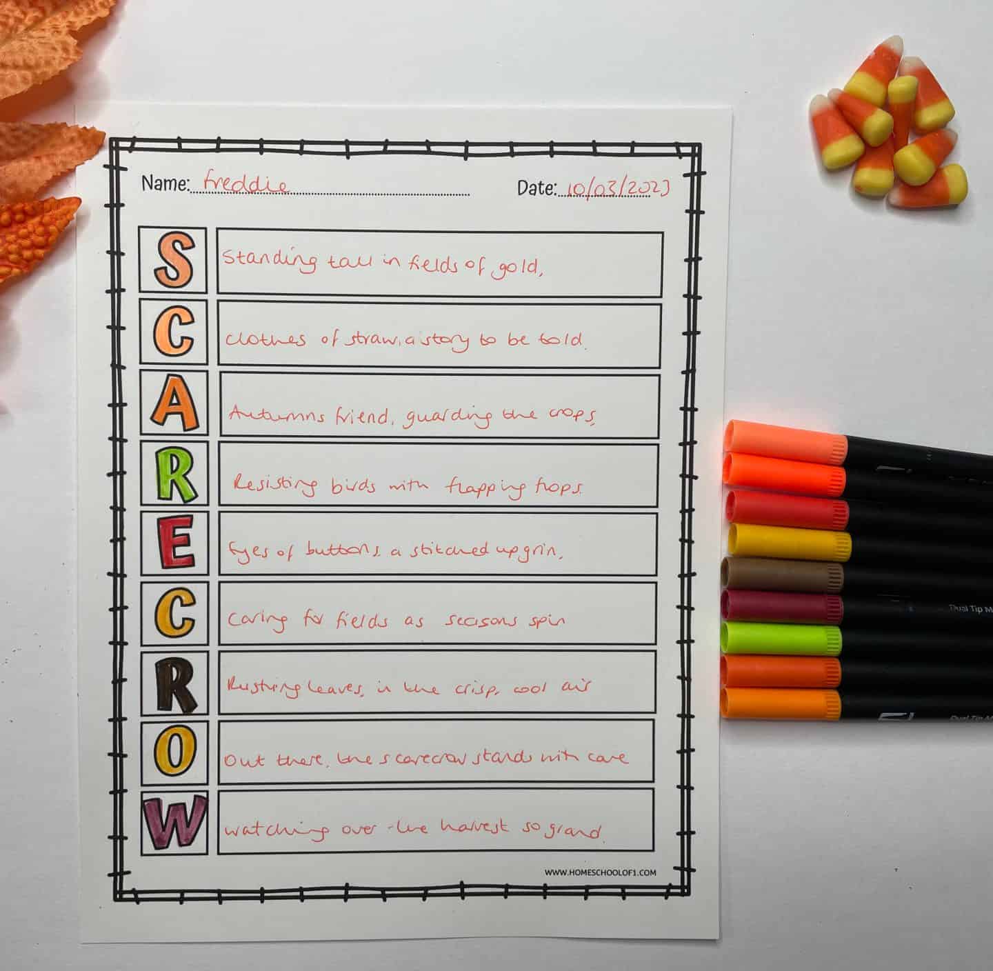 Completed scarecrow acrostic poem template filled with fall-themed verses like “standing tall in fields of gold” and “watching over the harvest so grand.” The letters of “SCARECROW” are boldly colored down the side, surrounded by candy corn, orange leaves, and colorful markers—ideal for a festive classroom or homeschool poetry activity.

