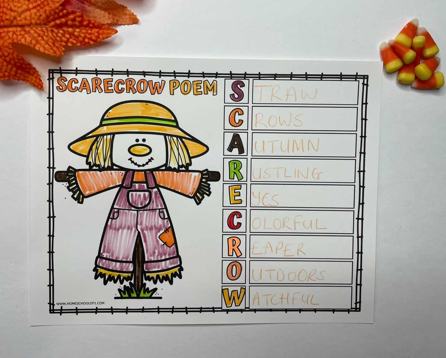 Completed scarecrow acrostic poem template featuring a cheerful scarecrow in a yellow hat and purple overalls, with the word “SCARECROW” used to start each line of the poem. Words like “straw,” “colorful,” and “watchful” are handwritten in orange, surrounded by candy corn and autumn leaves—perfect for a festive fall poetry activity.

