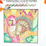 Completed turkey-themed Thanksgiving color by number worksheet colored with crayons