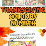 Colored turkey color by number worksheet with text overlay for Thanksgiving printable