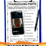 Free printable Thanksgiving scavenger hunt game with checklist and smartphone photo example on a clipboard.