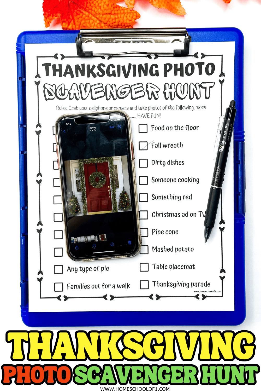 Printable Thanksgiving photo scavenger hunt checklist for kids and teens on a clipboard with smartphone and pen.

