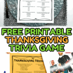 Two printable Thanksgiving trivia quizzes shown on decorative dinner plates and colored paper with bold holiday text.