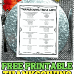 Thanksgiving trivia printable game with multiple choice questions on a dinner plate surrounded by fall leaves and utensils.