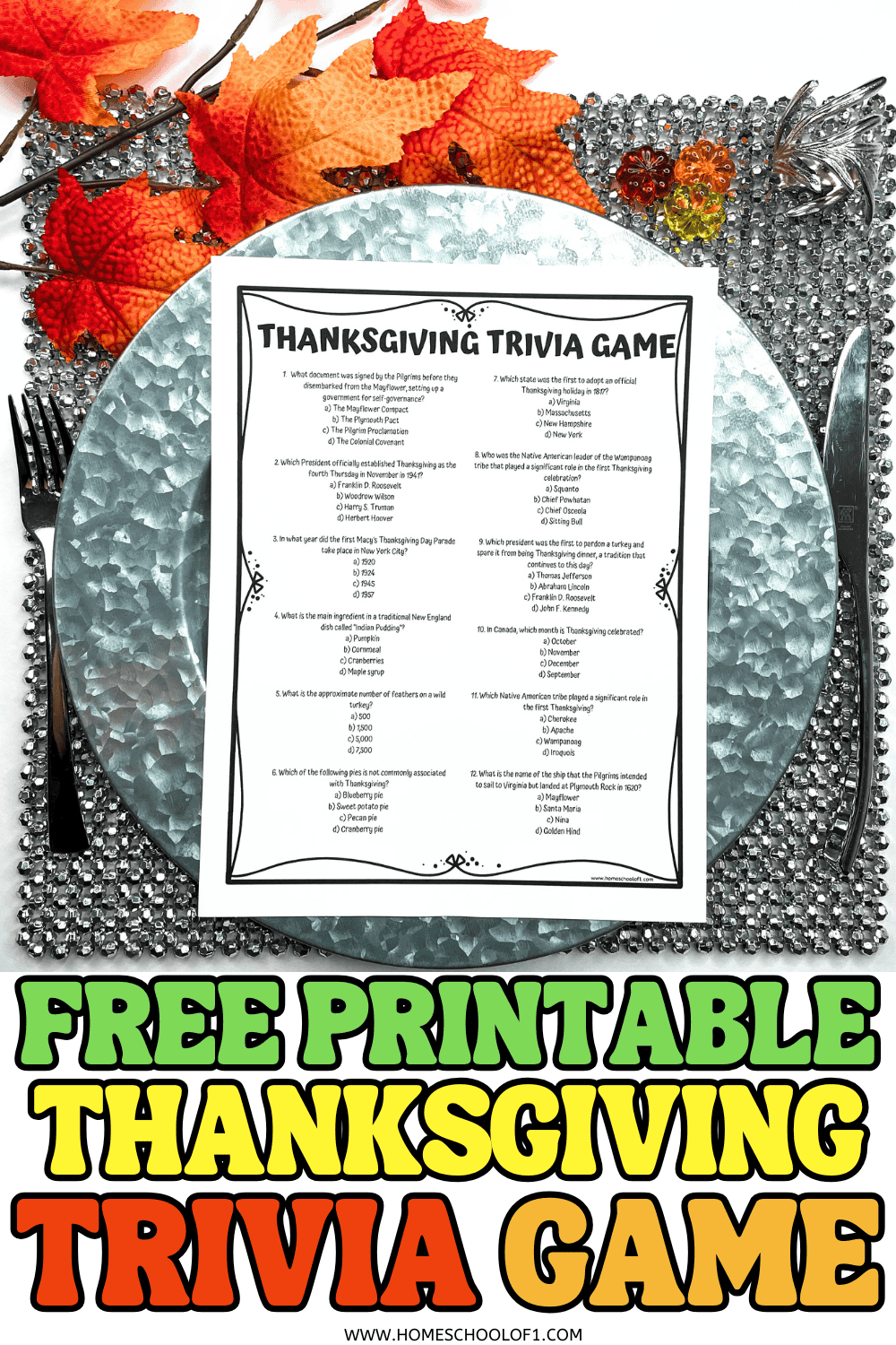 Thanksgiving trivia printable game with multiple choice questions on a dinner plate surrounded by fall leaves and utensils.

