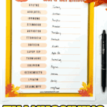 Completed Thanksgiving word scramble worksheet with handwritten answers and fall decorations