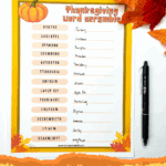 Free printable Thanksgiving word scramble worksheet with pen and fall leaves