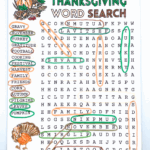 Free printable Thanksgiving word search puzzle with turkey illustrations and a list of 15 hidden words.