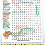Thanksgiving word search printable with 15 themed vocabulary words and completed answers highlighted in color.