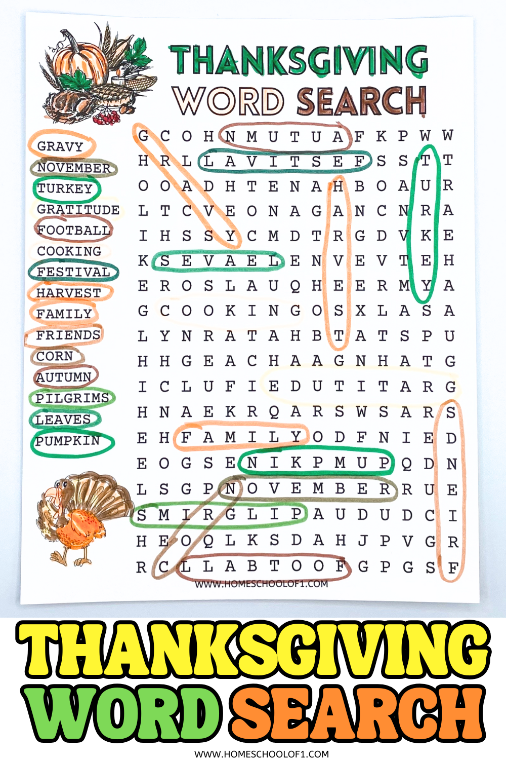 Thanksgiving word search printable with 15 themed vocabulary words and completed answers highlighted in color.

