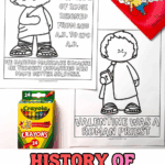 Black-and-white Valentineโs Day history worksheets for kids featuring Emperor Claudius II and Valentine as a Roman priest, shown with a Crayola crayon box and the book The Biggest Valentine Ever.
