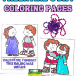 History of Valentineโs Day coloring pages for kids showing cartoon-style scenes of Valentine marrying couples in secret, alongside Crayola crayons and purple and pink beads.