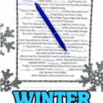 Completed Winter Mad Libs worksheet titled “The Great Winter Adventure,” filled in with blue ink using words like “hoodie,” “penguin,” and “hot chocolate.” A blue pen lies across the page surrounded by silver snowflake decorations.