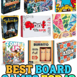 Collage of popular board games for 12 year olds including Pandemic, King of Tokyo, Grounded for Life, Splendor, Spoof, Trekking Through History, Zombie Kidz, Throw Throw Burrito, and Azul, with text overlay reading “Best Board Games for 12 Year Olds.”