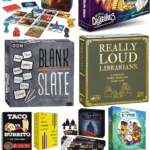 Collage of board games for 9 year olds including Forbidden Island, Mythical Creatures, Blank Slate, Really Loud Librarians, Taco vs Burrito, Taco Cat Goat Cheese Pizza, Star Wars Villainous, and My Little Scythe, with text overlay reading “Best Board Games for 9 Year Olds.”