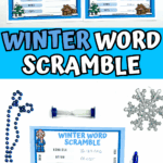 Two printable winter word scramble sheets shown side by side — one blank and one completed — surrounded by blue beads and snowflake decorations.